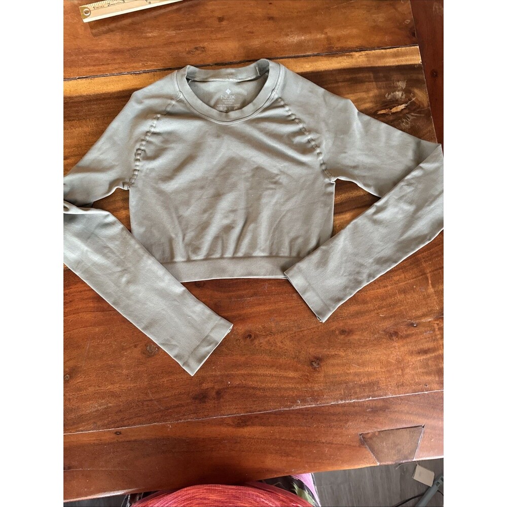 NUX Active Long Sleeve Workout Crop Top Yoga Running Fitted Size M, Olive - Picture 4 of 11